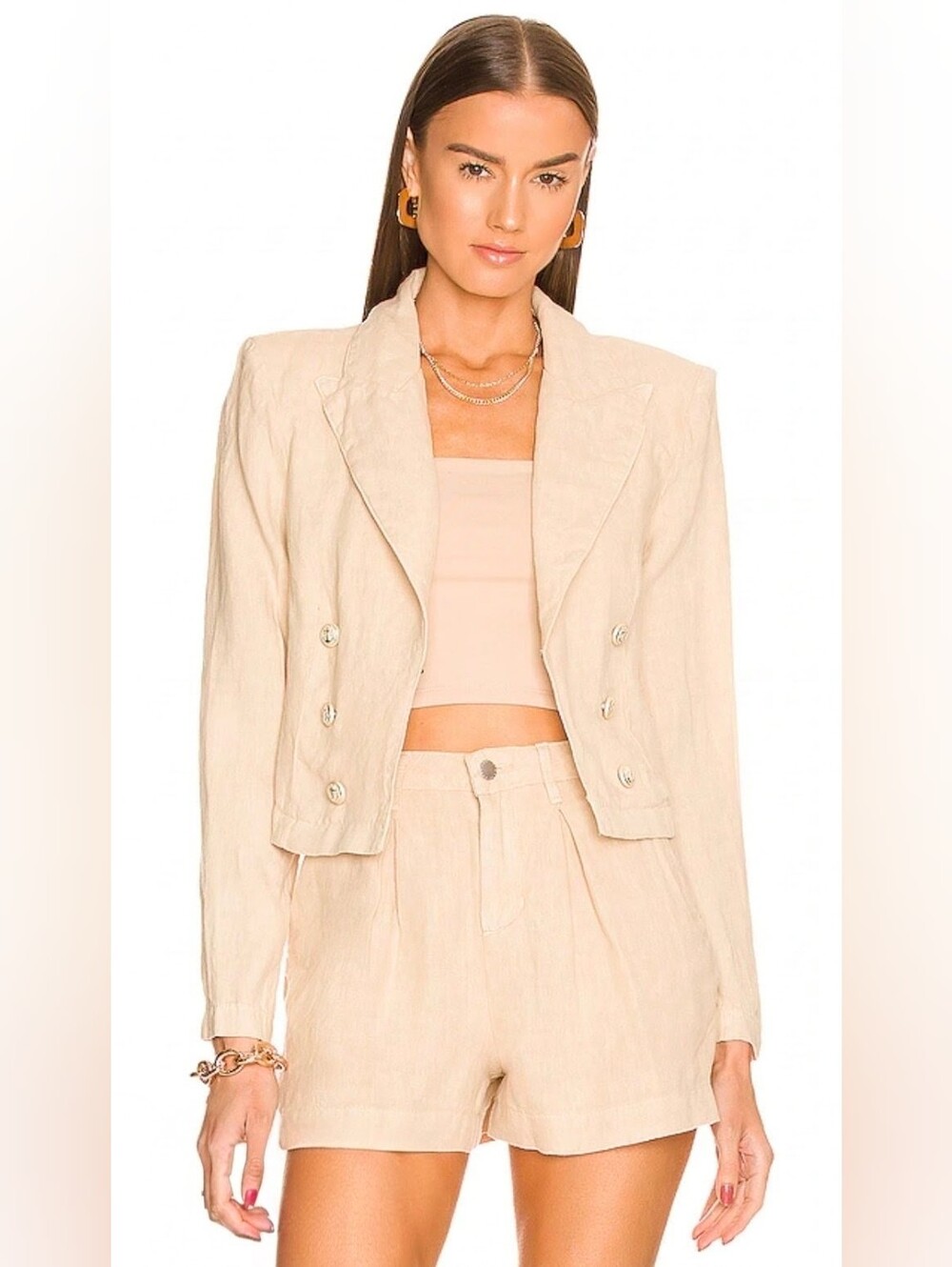 L'AGENCE Cropped Double-Breasted Linen Blazer in Beige Large